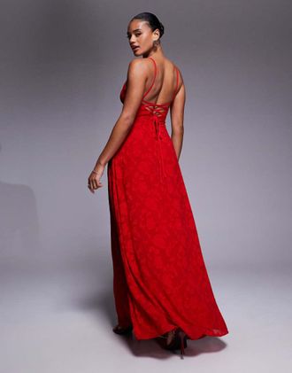 Princess Polly South Of France - Vestito lungo rosso a fiori dévoré con spalline sottili e lacci sul retro