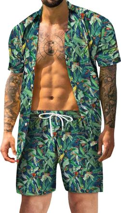 Generic Mens Hawaiian Shirt Summer Outfit Mens Beach Shirt and Shorts Hawaiian Shirt Party Floral Pattern Short Sleeve Shirts 2-Piece Set Beach Suit Leisure S