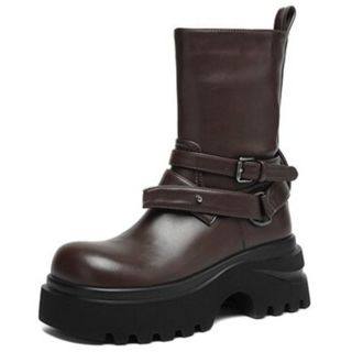 Generic Women Mid Calf PU Leather Platform Boots Double Buckle Straps Side Zip Back Pull Tab Round Toe Chunky Lug Sole Comfortable Durable Fashion,Brown,6.5 U