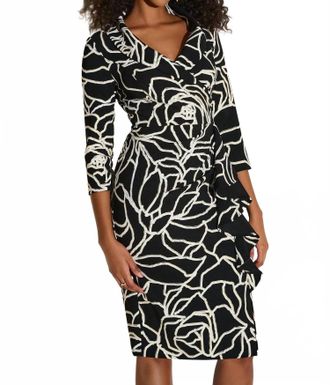 Joseph Ribkoff Floral Print Faux Wrap Sheath Dress In Black/vanilla