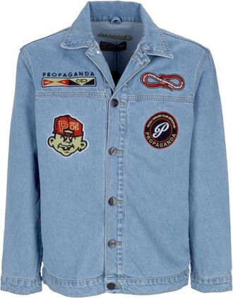 PROPAGANDA Blauwe Denim Baseball Jack met Patch Logos - Heren - Spijkerjassen - Blauw - S - Denim - Jassen