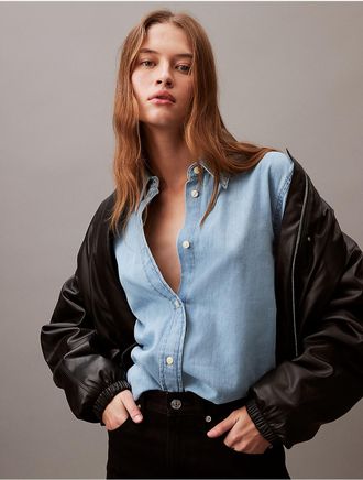 Calvin Klein Womens Chambray Classic Button-Down Shirt - Blue - XS