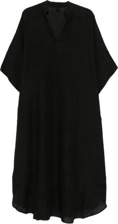 120% Lino Linnen Kaftan V-hals - Dames - Casual kleedjes - Zwart - S - Linnen - Kleedjes