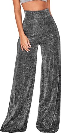 Generic Womens Bright Silk Trousers for Women UK Wide Leg Pants Ladies Trousers Casual Pants Glitter Sequins Wide Leg High Waist Straight Long Pants Zipper Fl