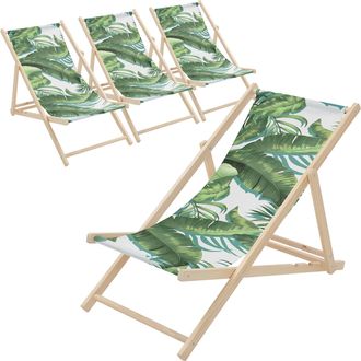 ECD Germany Ecd Germany 4x Sillas De Playa De Madera Con Respaldo Ajustable En 3 Posiciones De Reclinaci&oacute;n, Dise&ntilde;o Tropical Verde-blanca Tumbona Plegable, Hasta 1