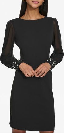 Karl Lagerfeld Faux Pearl Cuff Long Sleeve Scuba Crepe Sheath Dress in Black at Nordstrom, Size 16