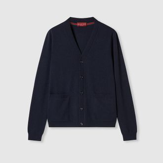 Gucci Fine Cashmere Cardigan With Intarsia, Size XXXL, Blue, Ready-to-wear