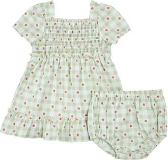 Petit Lem Strawberry Gingham Print Organic Cotton Dress & Bloomers Set in Light Green at Nordstrom, Size 18M