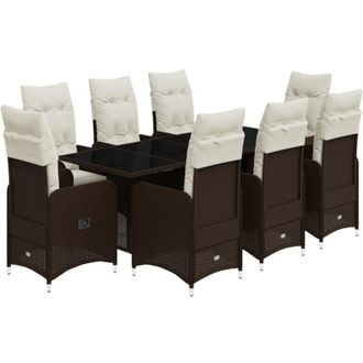 vidaXL Set De Mesa Y Sillas Jard&iacute;n 9 Piezas Y Cojines Rat&aacute;n Pe Marr&oacute;n Vidaxl