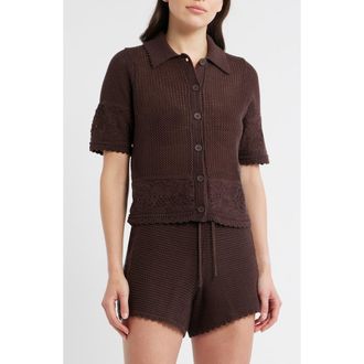 Marine Layer Celtia Mixed Open Stitch Cotton Blend Button-Up Sweater in Chocolate at Nordstrom, Size X-Small