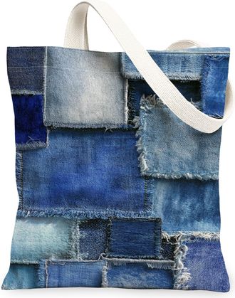 Generic Denim Patchwork Canvas Tote Bags, Stylish Reusable Grocery Bags, Lightweight Washable Shoulder Strap for Travel, Beach, Out, Blue, 13x15 Inch