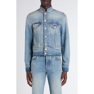 Alexander McQueen Band Collar Denim Jacket in Blue Washed at Nordstrom, Size 38 Us