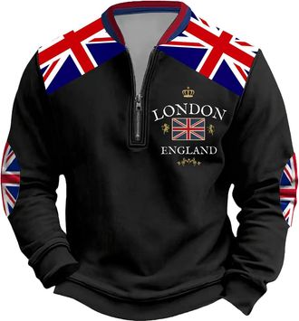 Generic Mens Union Jack Sweatshirt Half Zip Long Sleeve Jumpers Bunting Flags Print Great Britain Pullover Winter Warm Tops Plus Size (B2-Black, XL)