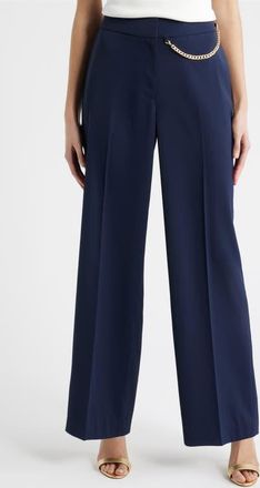 Elie Tahari The Sarah Chain Detail High Waist Straight Leg Pants in Navy at Nordstrom, Size 10