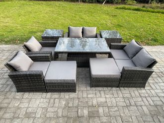 Fimous Outdoor Garden Furniture Sets 9 Pieces Wicker Rattan Furniture Sofa Dining Table Set with 2 Big Footstool 2 Side Tables in Dark Grey