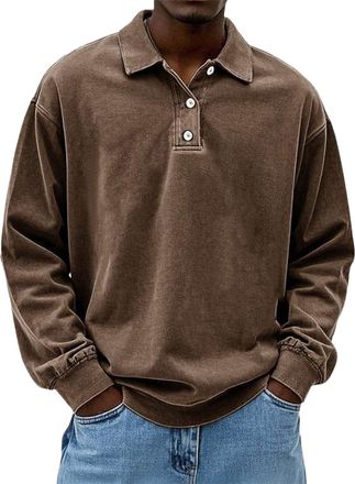 Generic Long Sleeve Polo Shirts Mens Vintaged Washed Loose Fit Baggy Streetwear Boys Travel Going Out Hippie T-Shirts Plus Size Solid Color Casual Button Work