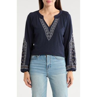 Nic+Zoe Solstice Embroidered Cotton Blouse in Dark Indigo at Nordstrom Rack, Size Xx-Large