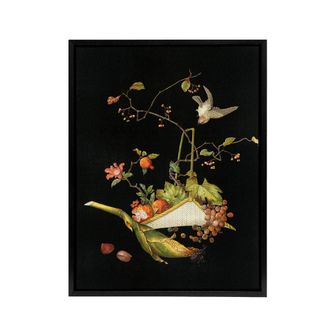 Artery8 Stylised Still Life with Bird Audsley Vintage Framed Canvas Wall Art in Black | Size: W24 x H32