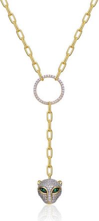 Rachel Glauber 14k Gold Plated with Emerald Green Cubic Zirconia Eyes Cat Head Link Chain Necklace