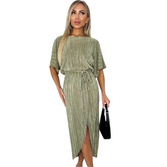 AX PARIS Midi-jurk met pliss&eacute;, strikceintuur en korte mouwen voor dames (Licht Khaki)