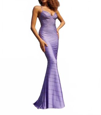 Faviana Stretch Satin Rhinestone Dress In Lilac