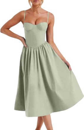 Generic Womens Corset Dress, Formal Spaghetti Strap Bustier Midi Dress, Flowing Corset Summer Dress with Pleated Hem, Blue Dress with Small White Flowers, Gre