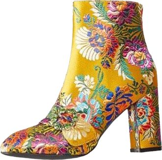 Generic Ethnic Embroidered Women Ankle Boots Fashionable Short Shoes With Thick Medium And High Heels (Yellow, 4)