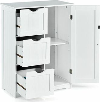 Costway Bathroom Floor Cabinet Storage Cupboard Organizer W/Adjustable Shelf & 3 Drawers
