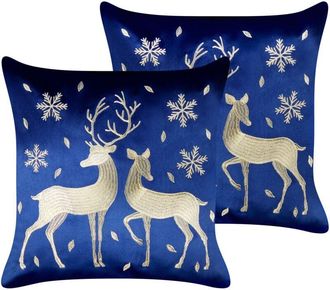 Beliani Beliani - Conjunto De 2 Cojines De Tela De Terciopelo Con Motivo Navide&ntilde;o Renos Azul 45 X 45 Cm Merengue