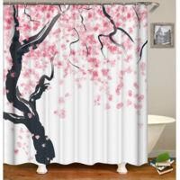 OEM Cortina De Ducha Con Estampado Floral, 180 Cm X 200 Cm, Rosa Y Negro, Con Dise&ntilde;o De Flores De Cerezo