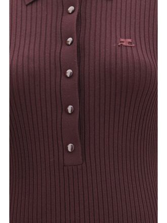 Courr&egrave;ges Womens Dress Rib-Knit Polo Long Burgundy Viscose