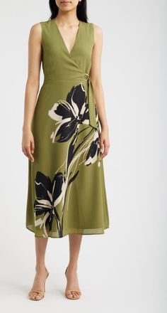 Anne Klein Print Sleeveless Faux Wrap Midi Dress in Bay Leaf Multi at Nordstrom, Size 4