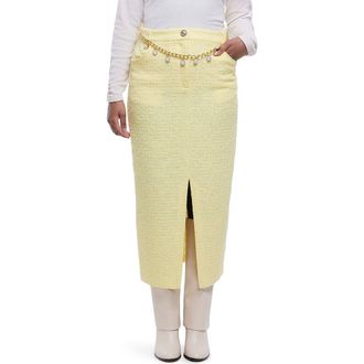 River Island Imitation Pearl Belt Cotton Blend Boucl&eacute; Pencil Skirt in Yellow at Nordstrom, Size 14
