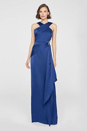 Theia Cressida Halter Column Satin Gown in Maritime Blue at Nordstrom, Size 16