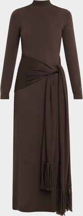 Lela Rose Mock-Neck Long-Sleeve Wrap-Sash Midi Dress