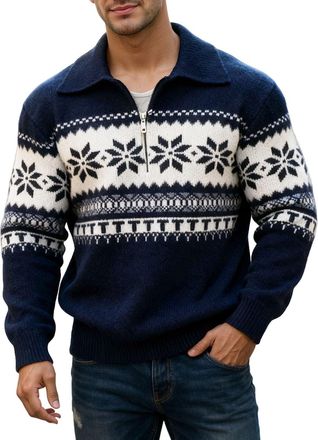 Generic Mens Jumper UK Knitted Look Warm Casual Knit Mens Sweaters Knitwear Thermal Lapel Print Jumpers for Men UK Designer Fleece Loose Fit Thickened Pullove