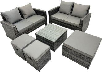 Fimous Fimous - pe Rattan Garden Furniture Set Lounge Double Seat Sofa Coffee Table Set with 3 Stools Dark Grey Mixed