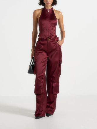 Mani&egrave;re De Voir Emilie High Rise Satin Cargo Trousers in Wine Red at Nordstrom, Size 10