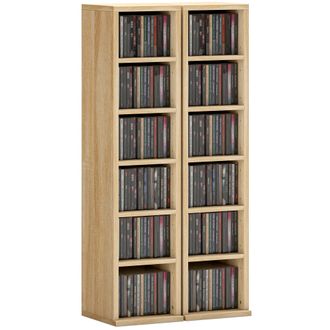 HOMCOM Homcom Set De 2 Estanter&iacute;as Para Cds Y Dvds, Soportes Para Cd Estrechos Con 12 Compartimentos, Estantes Ajustables, 21x22,5x88,5 Cm, Roble
