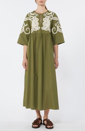 Max Mara Tilde Embroidered Yoke Cotton Dress in Khaki at Nordstrom, Size 0