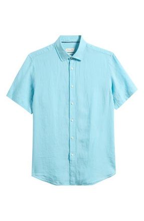 Bugatchi Orson Shaped Fit Short Sleeve Linen Button-Up Shirt in Turquoise at Nordstrom, Size Xxx-Large