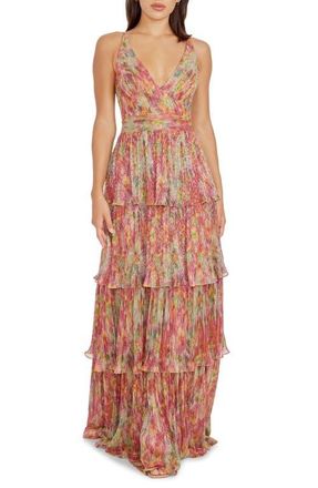 Dress The Population Lorain Abstract Print Metallic Tiered Gown in Bright Fuchsia Multi at Nordstrom, Size Xx-Small