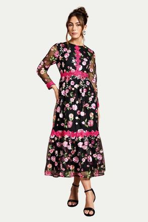 Coast Embroidered Floral Midi Dress in Black at Nordstrom, Size 10