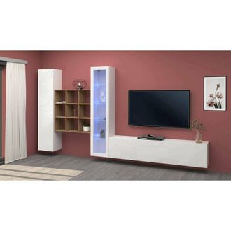 Dmora Pared Equipada Dcapann, Conjunto De Sal&oacute;n Mueble De Tv Con 4 Puertas, Mueble De Sal&oacute;n Polivalente Con Vitrina Y Luz Led, 100% Made In Italy, Cm 310x30