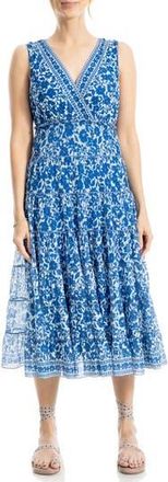 Max Studio V-Neck Sleeveless Mesh Midi Dress in Cream/Blue/Black at Nordstrom Rack, Size X-Small