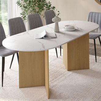 IDMarket Marthe Mesa De Comedor Extensible Ovalada Para 6-10 Personas Con Tablero De M&aacute;rmol Blanco Alaska Y Acabado En Madera De Haya 160
