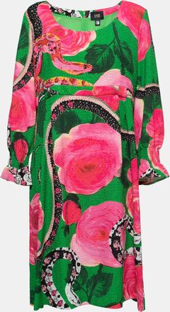 Roberto Cavalli Green Floral Printed Textured Long Sleeve Dress