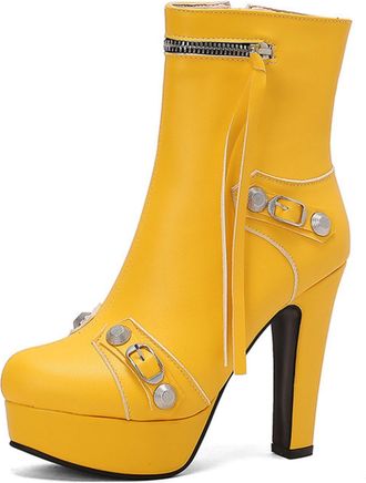 Generic Womens Faux Leather Ankle Boots Buckle Round Toe Platform High Heel Stud Detail Zip Closure Tassel Accent Stylish For Evening Party Night Out,Yellow,9