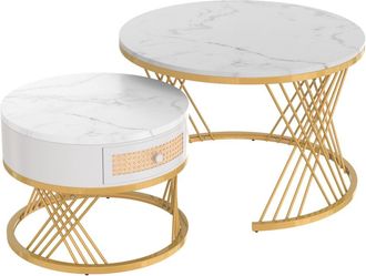 Urban Meuble Conjunto de 2 mesas de centro nido redondas efecto mármol blanco