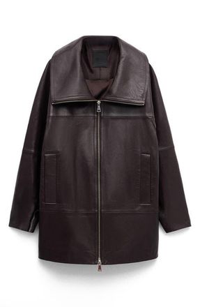 Mango Oversize Funnel Neck Leather Coat in Burgundy at Nordstrom, Size Medium